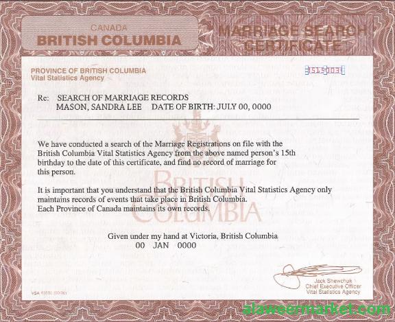 Canada British Columbia marriage certificate template in PSD format